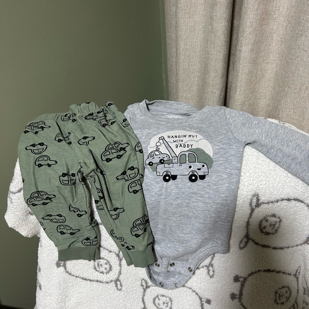Gray and Green Baby Outfit with Car Print